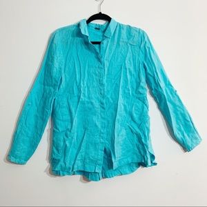 Elie Tahari 100% Linen Turquoise Button Front Shirt Top Size S Long Sleeve
